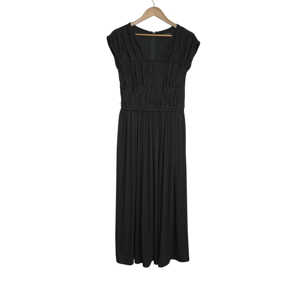 Peruvian Connection Small Black Micro Pleated V-Neck Midi Dress Contemporary